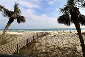 A beach with a wooden walkway, palm trees, and the ocean. - Shipwatch A201 (Pensacola)
