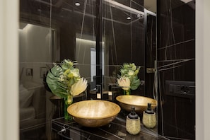 Hair dryer, bidet, towels, toilet paper