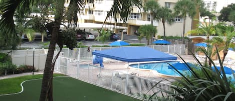 A pool area with a fenced deck, palm trees, and a building in the background.