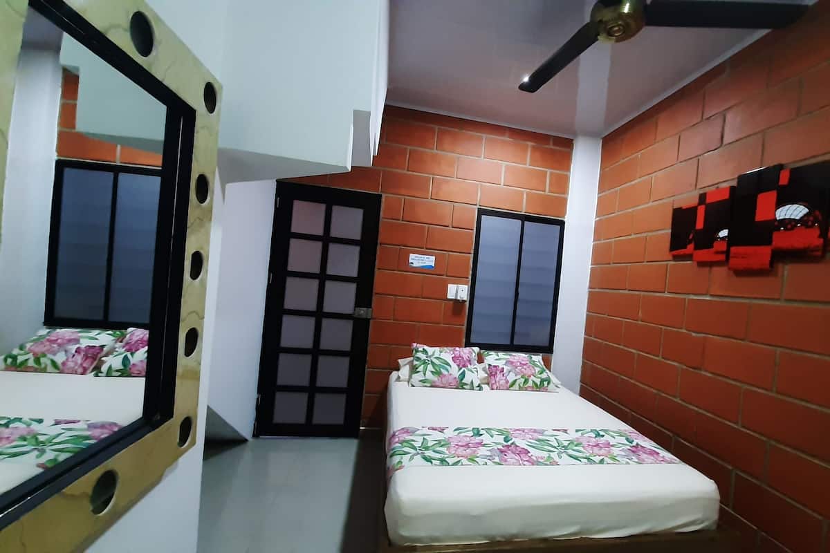 A bedroom with a bed, a mirror, a door, and a brick wall.