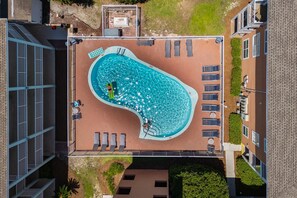 Relax by the rooftop pool surrounded by a brick deck and lounge chairs.