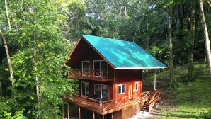 Una cabaña de madera de dos pisos con techo verde, rodeada de un bosque denso.
