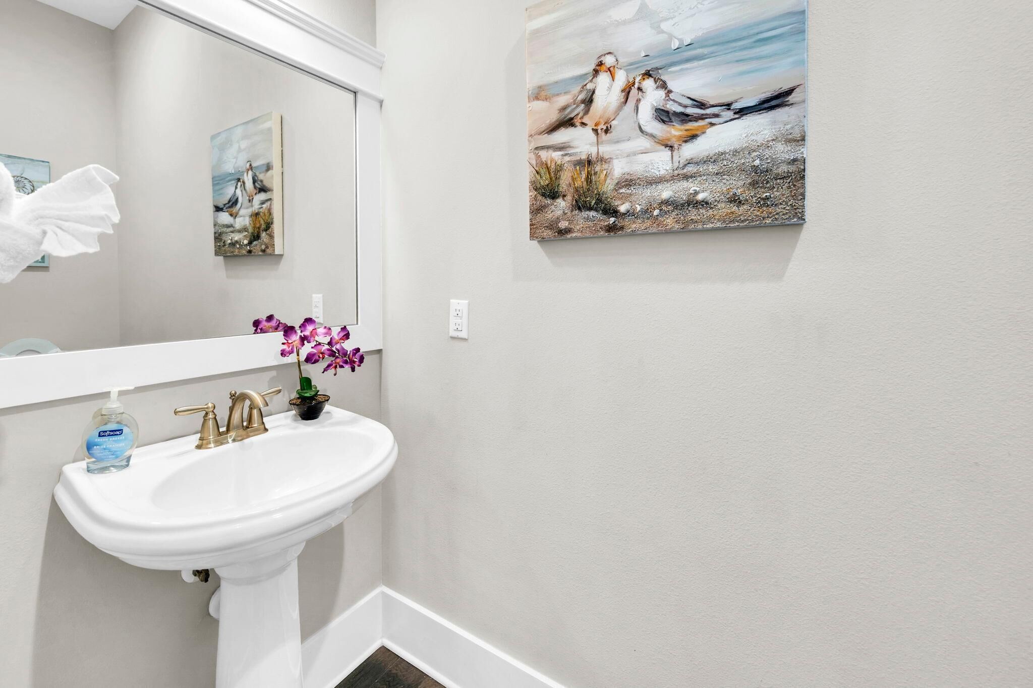 Un baño con un lavamanos blanco, un espejo y un cuadro de pájaros en la pared.