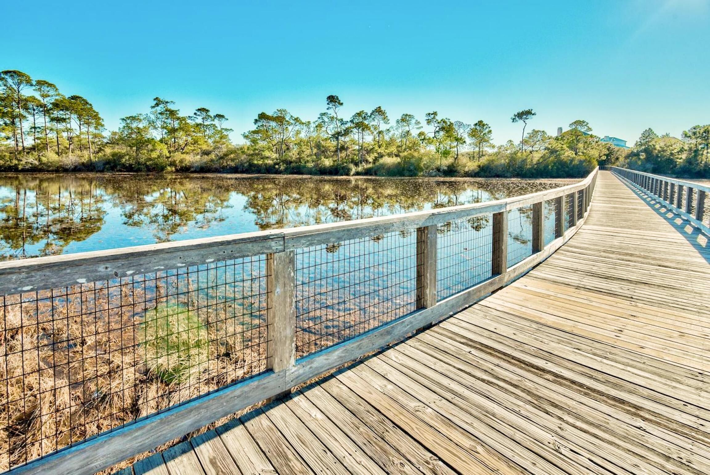 A wooden boardwalk over a calm body of water, surrounded by trees and vegetation.