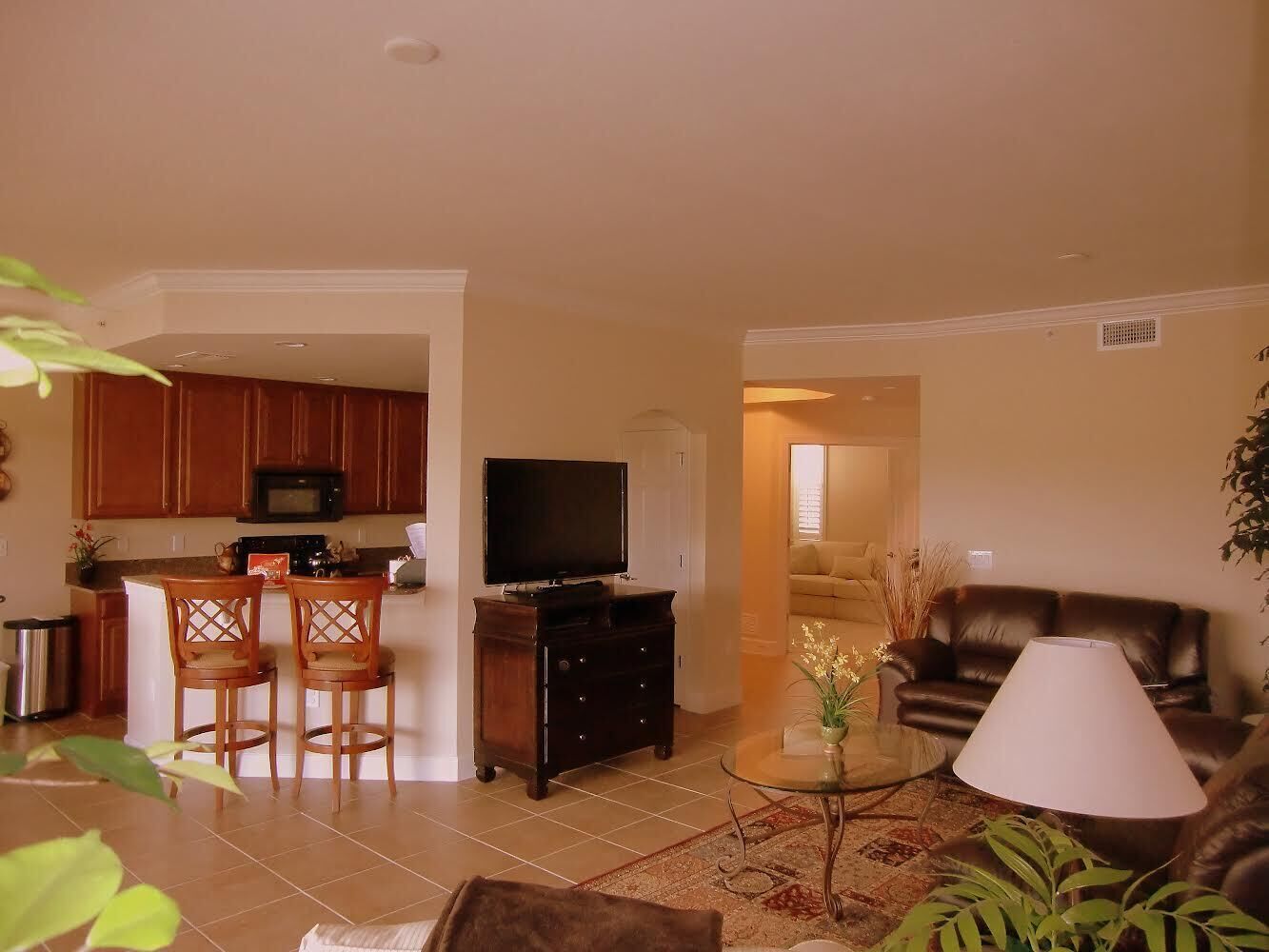 A living room with a sofa, a coffee table, and a TV. There is a kitchen area with wooden cabinets and a microwave.