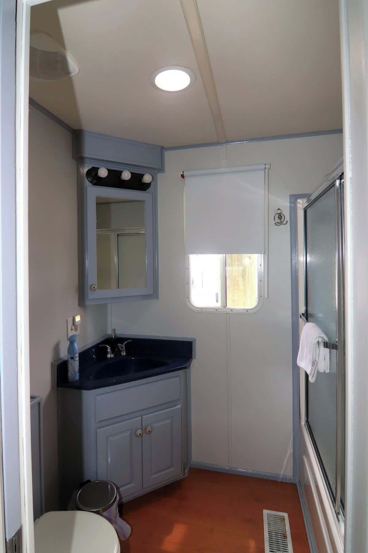 Shower, hair dryer, shampoo