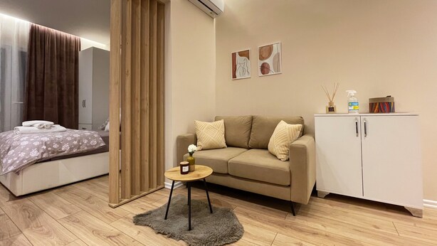 Una habitación de hotel moderna con una cama, un sofá, una mesita y un armario.