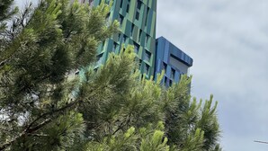 Un edificio moderno con fachada geométrica, rodeado de densos pinos.
