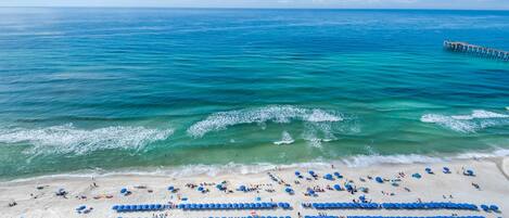 Una spiaggia con file di ombrelloni blu e bagnanti.