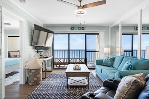 Condo, 1 King Bed with Sofa bed (Commodore 1302 Caspian Rose) | Living area | TV