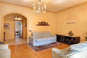 Un salon comprenant un canapé, un lustre, un téléviseur et une étagère décorative.