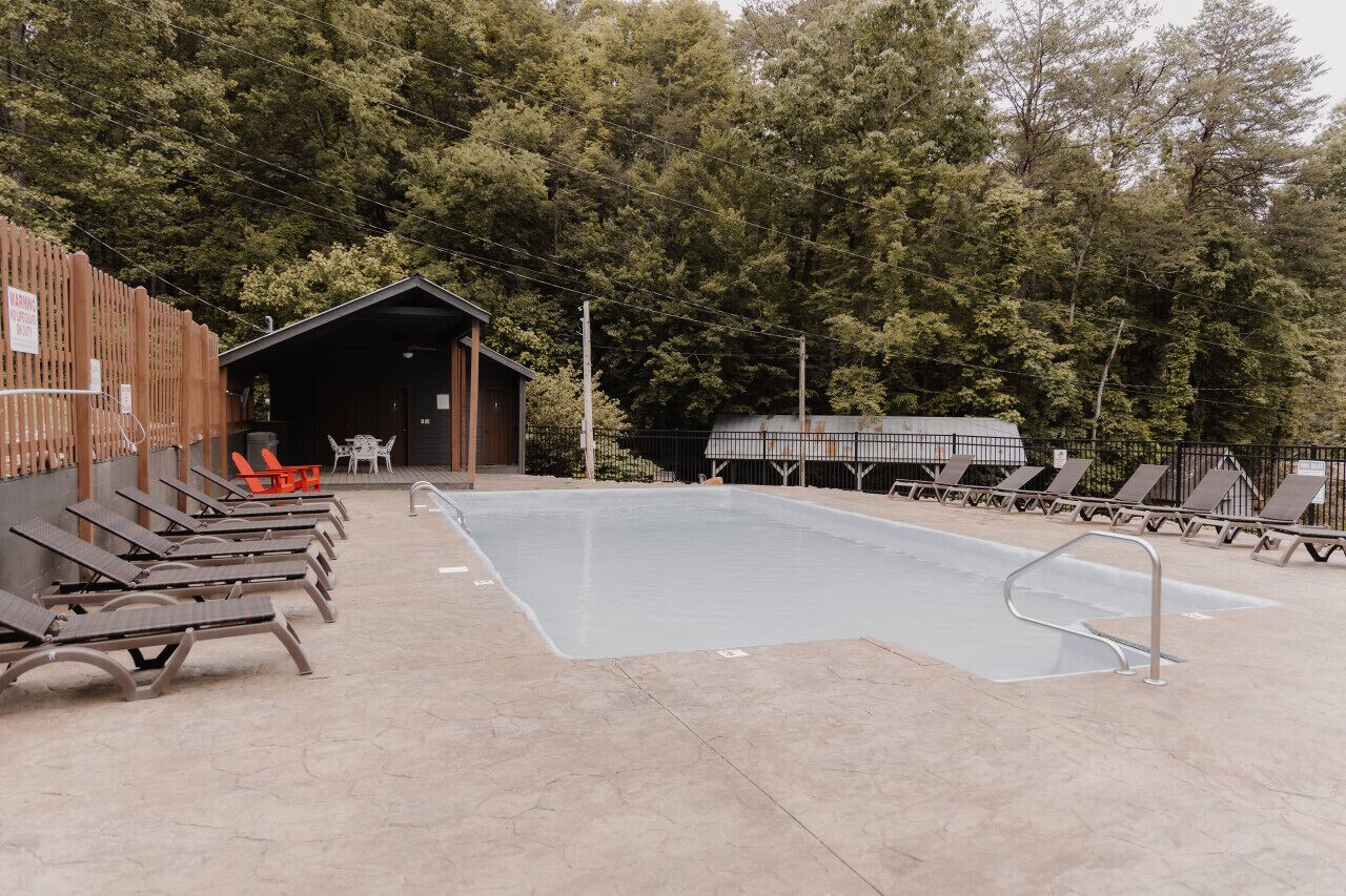 Un espace piscine avec des chaises longues et un coin salon abrité, le tout entouré d’arbres.