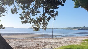 A beach with a swing under a tree, clear sky, and distant shoreline.