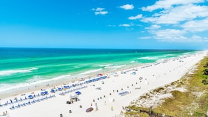 A beach with rows of blue umbrellas and lounge chairs, a sandy shore, and the ocean. - Shores of Panama 830 (Panama City Beach)