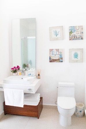 A bathroom with a white sink, mirror, and toilet. There are framed pictures on the wall. - New Villa Deluxe, Golf Club, Punta Cala 205 (Nuevo Nayarit)