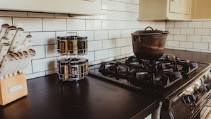A kitchen with a stove, a pot, a knife block, and spice jars. - Easy walk to UL, Downtown, Girard park, and multiple music venues. Pet friendly! (Lafayette)