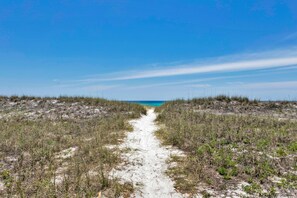A sandy path leading to a beach with sparse vegetation on either side. - Emerald Flamingo (Panama City Beach)