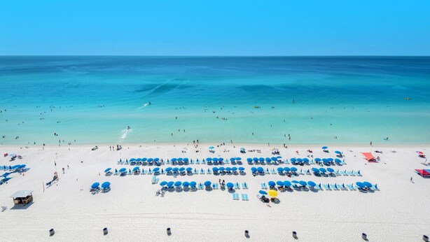 A beach with rows of blue umbrellas and sun loungers. - Celadon 1103 - Beach Paradise (Panama City Beach)