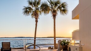 Un espace spa doté d’un jacuzzi, de palmiers et offrant une vue sur la mer.