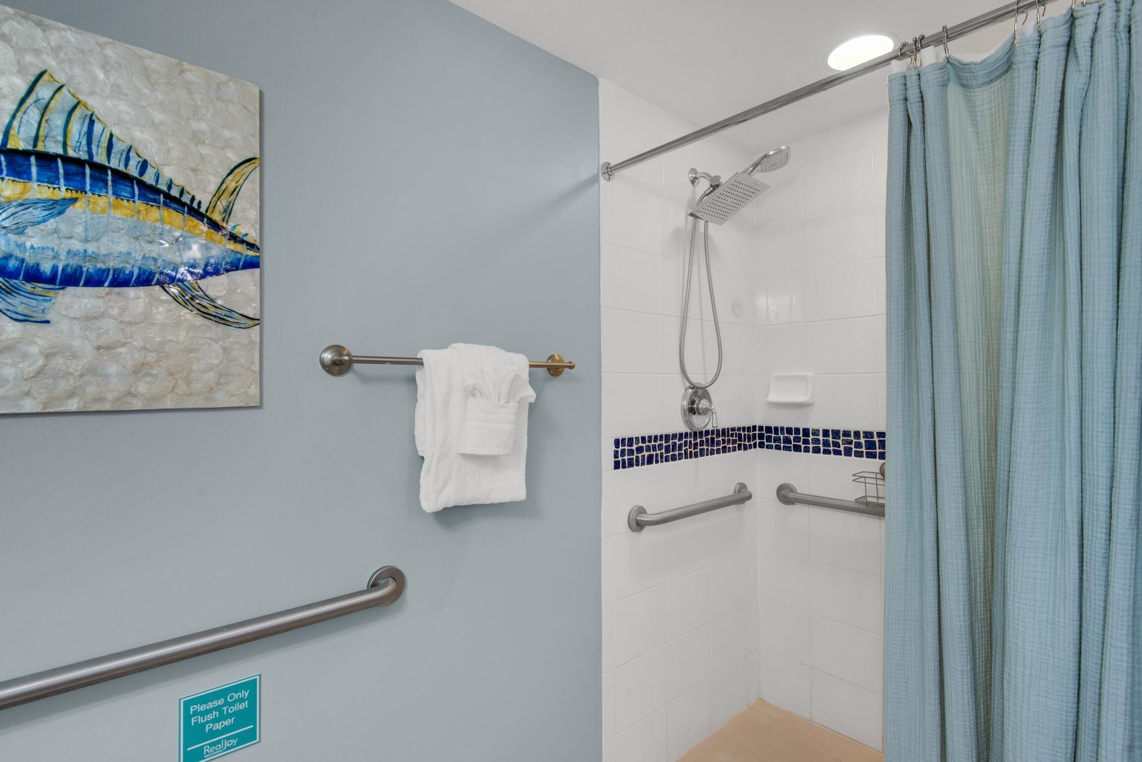 Baño con ducha, barra de apoyo, toallero y señal que indica el uso de papel higiénico de inodoro.