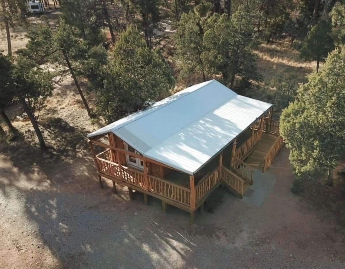 Aerial view of Pawnee Pines cabin and covered deck.
