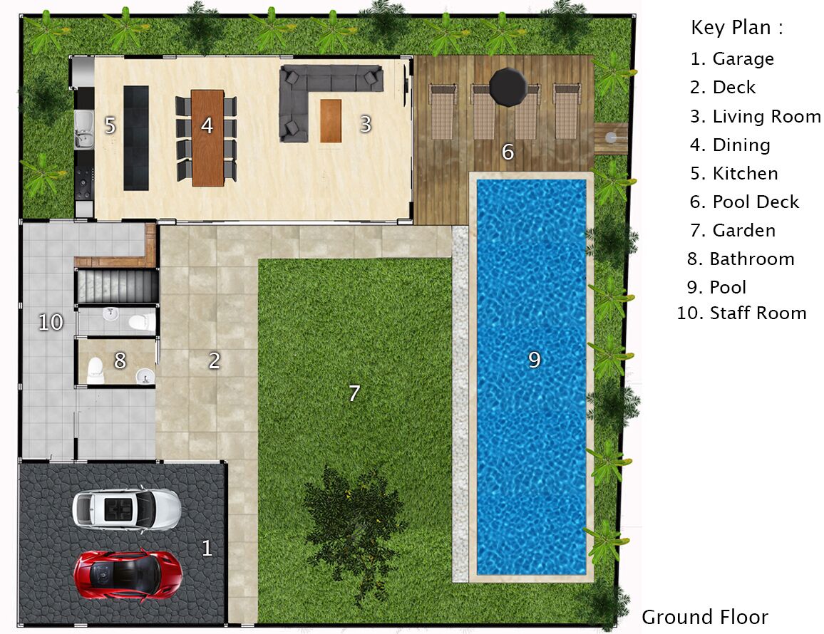 A ground floor plan of a house with a garage, deck, living room, dining area, kitchen, pool deck, garden, bathroom, pool, and staff room.