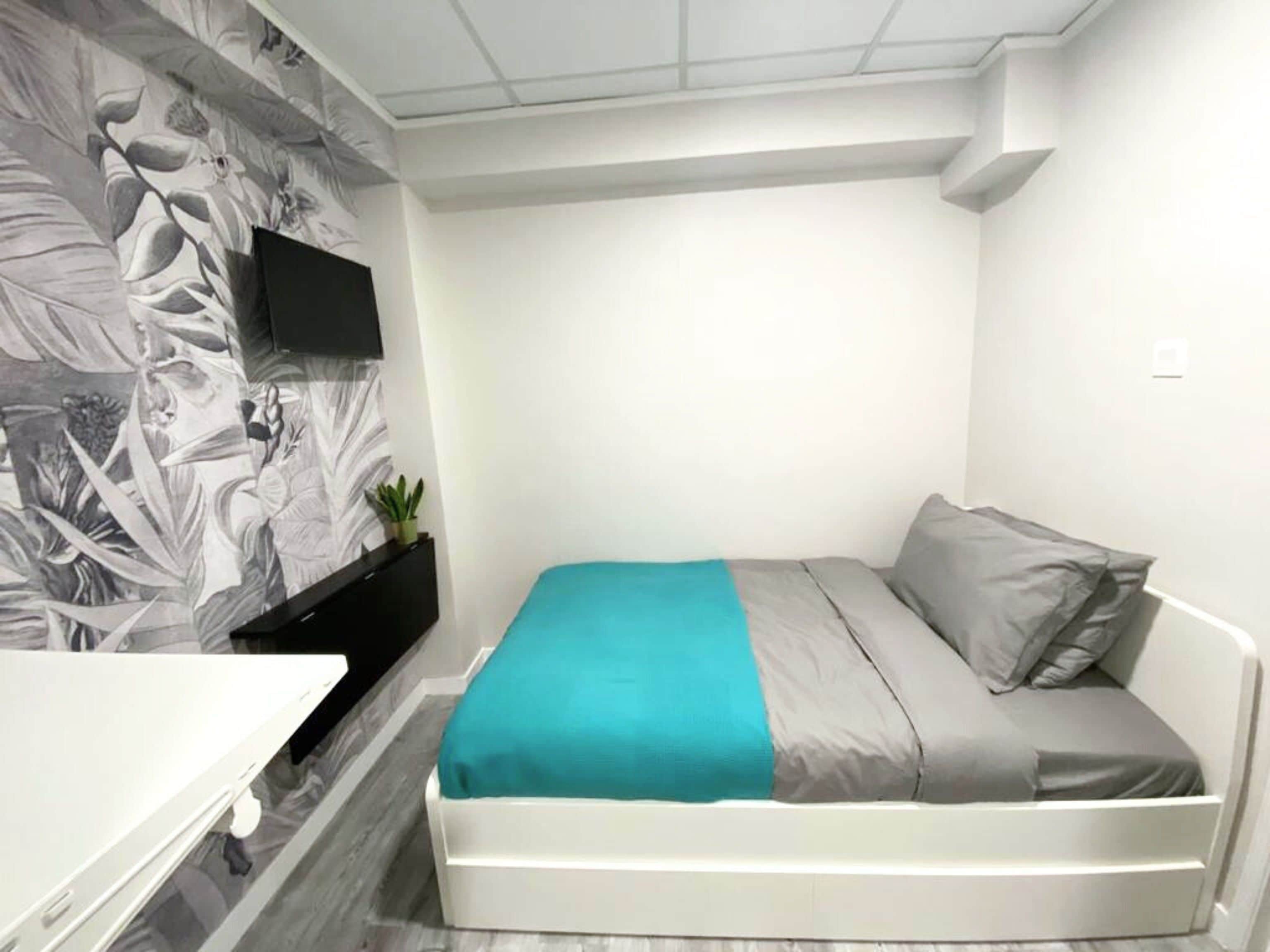 A bedroom with a bed, a TV mounted on the wall, and a small plant on a shelf.