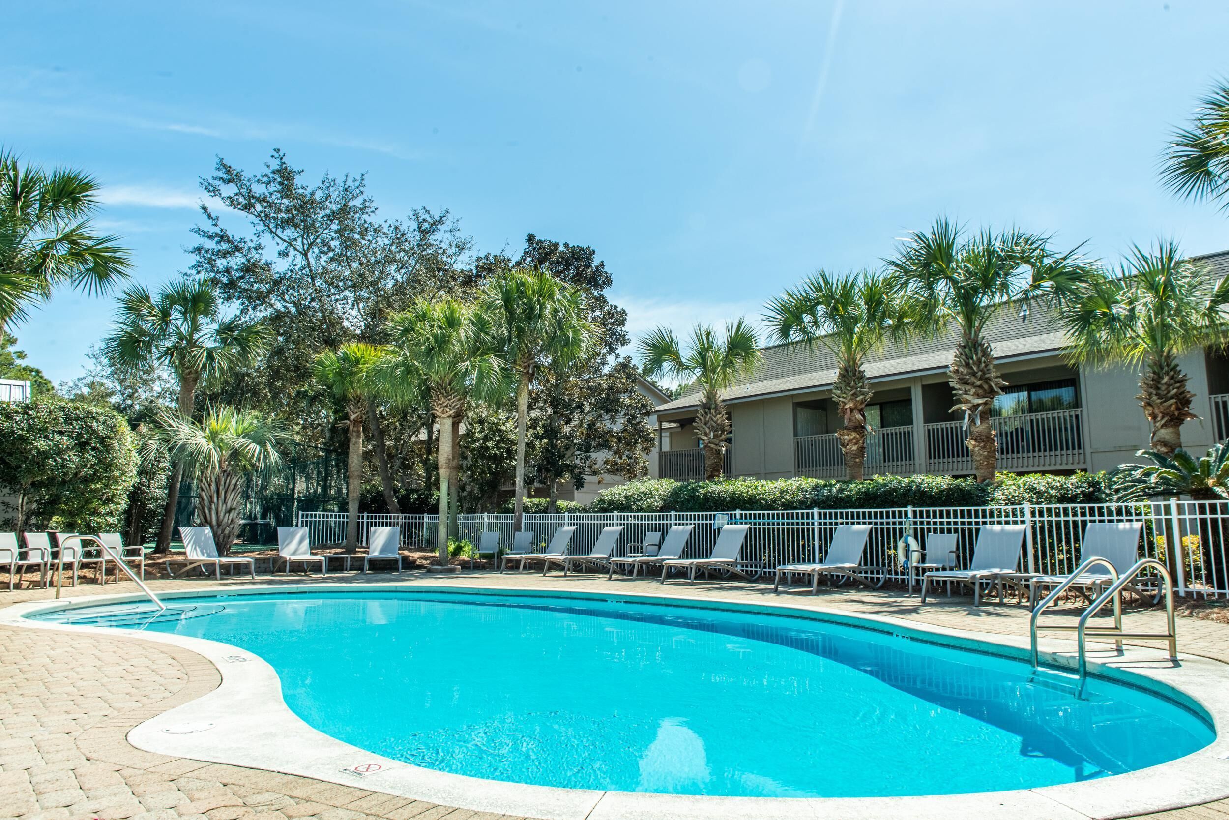 A swimming pool with lounge chairs and palm trees.