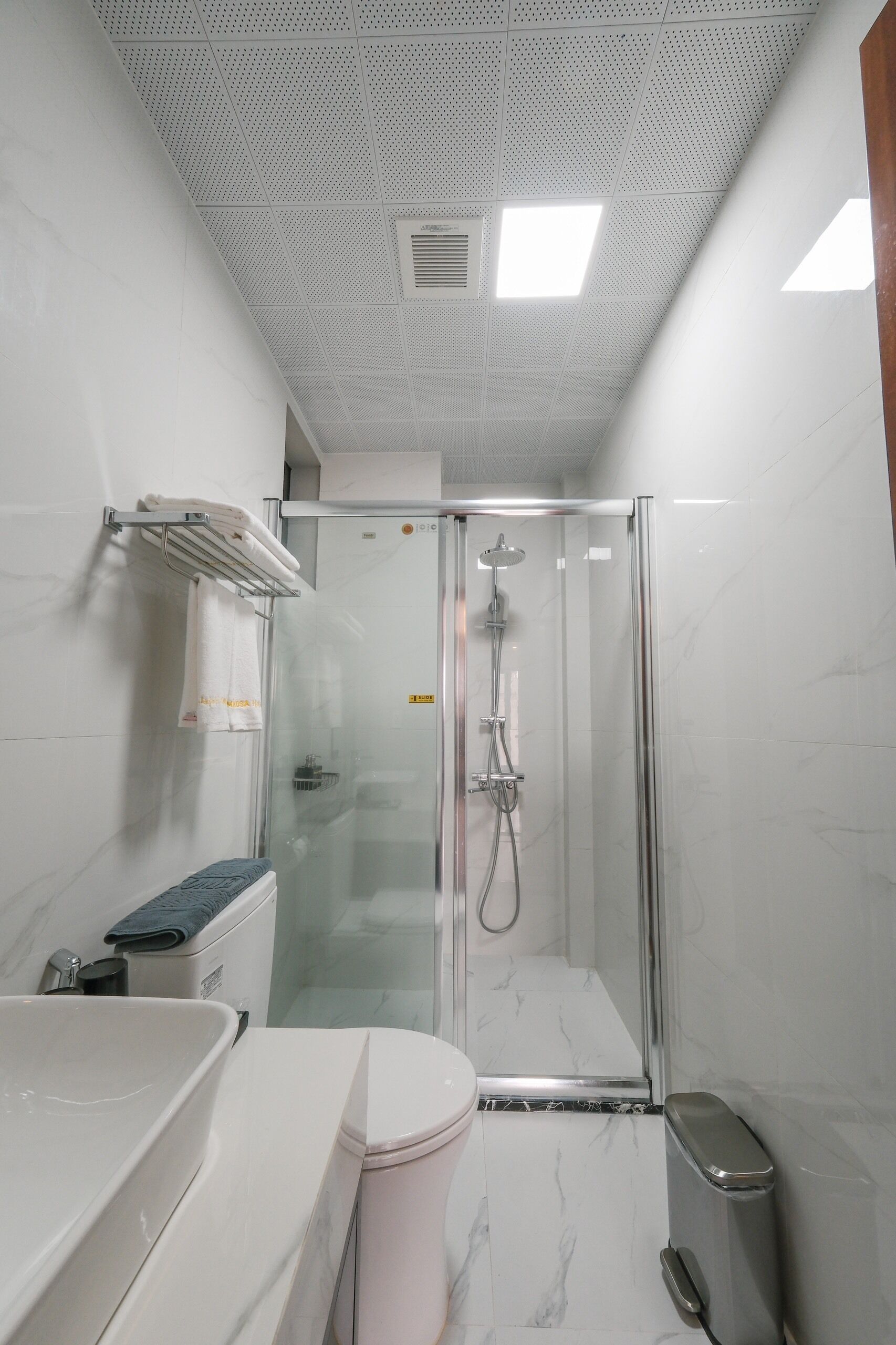 Un baño moderno con ducha envuelta en vidrio, un lavabo blanco y un inodoro.