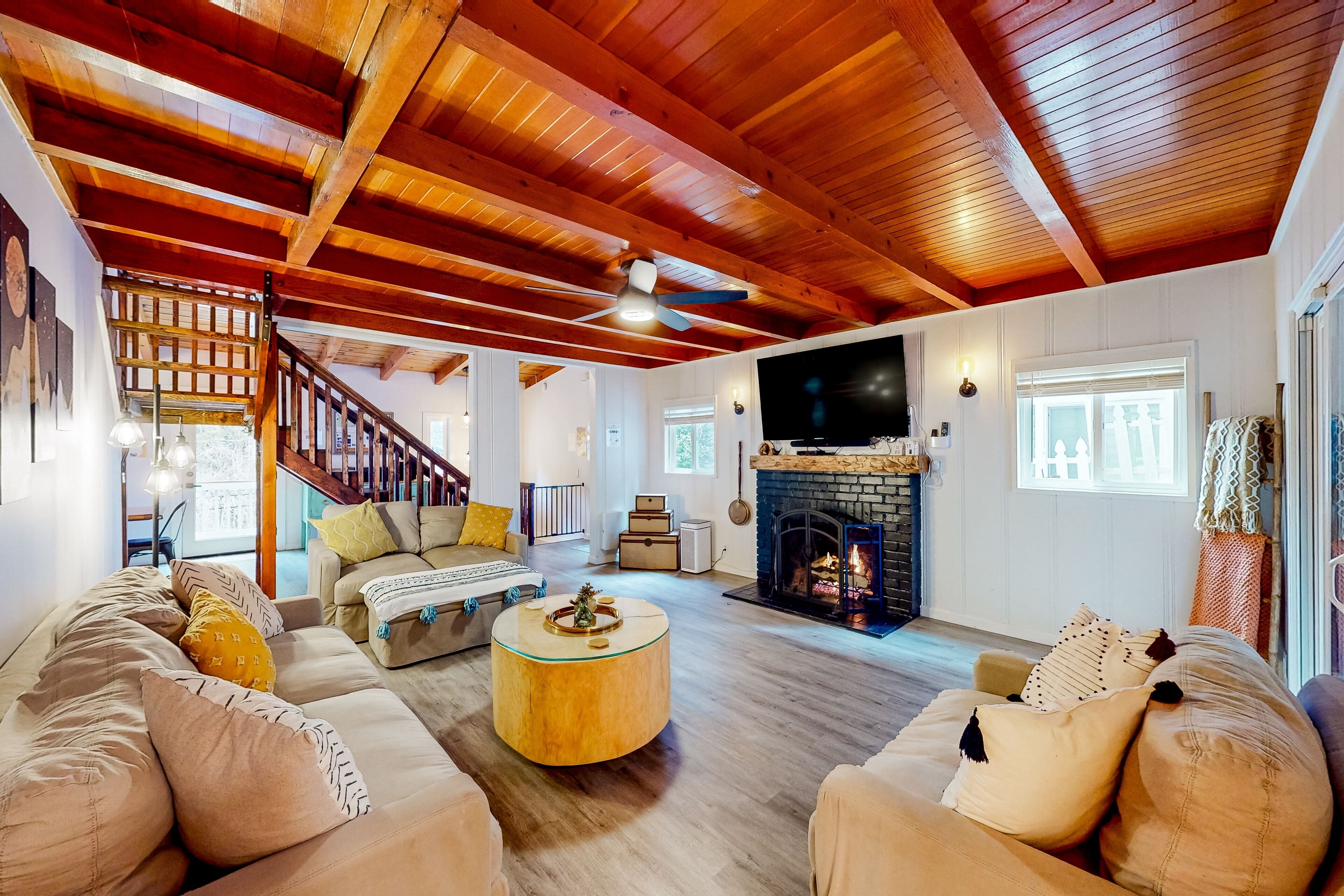 TV, fireplace, video games, music library