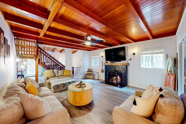 Tv, eldstad, tv-spel och ett musikbibliotek