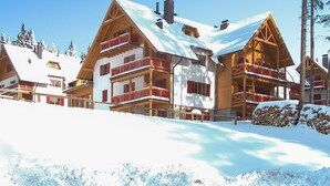 Un chalet à plusieurs étages, doté de balcons et entouré d’arbres couverts de neige.