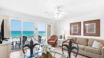 Condo, 1 King Bed with Sofa bed (Crystal Sands 206B) | Living area | TV