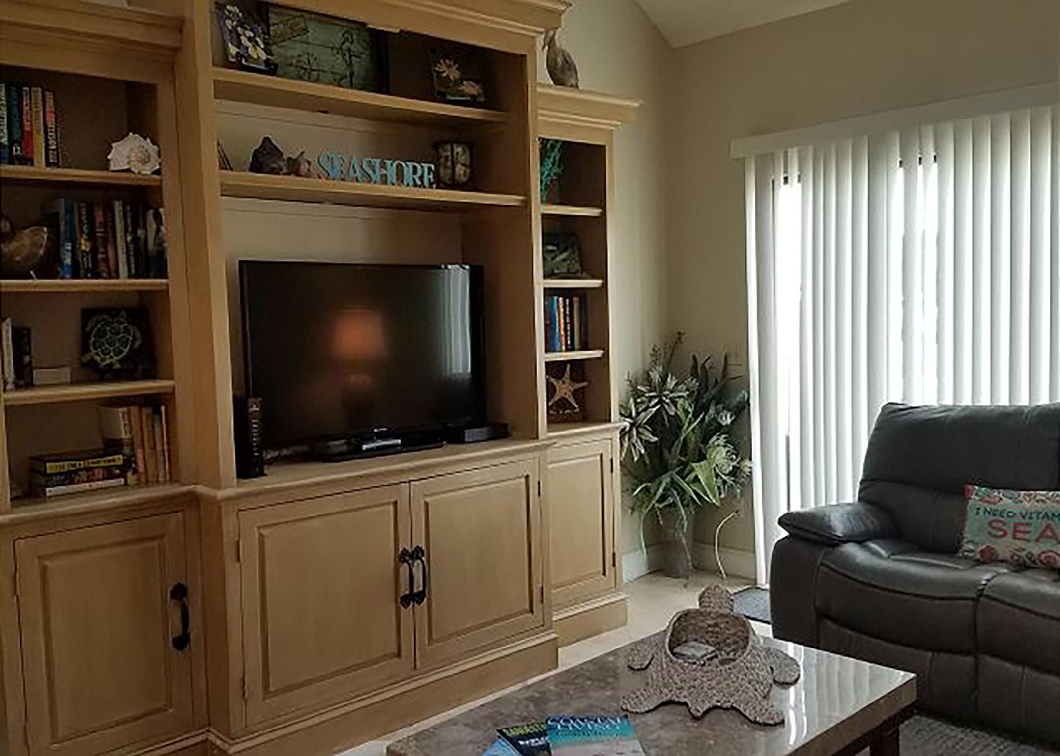 Uma sala de estar com uma televisão grande em um armário de madeira, estantes, um sofá de couro e um vaso com planta.