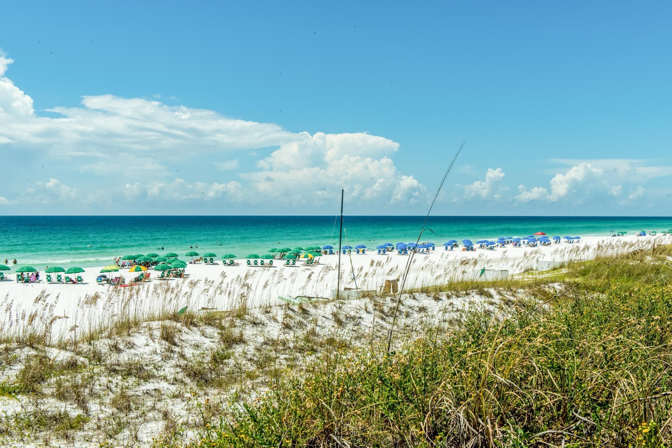 A beach with white sand, green umbrellas, and clear blue water.