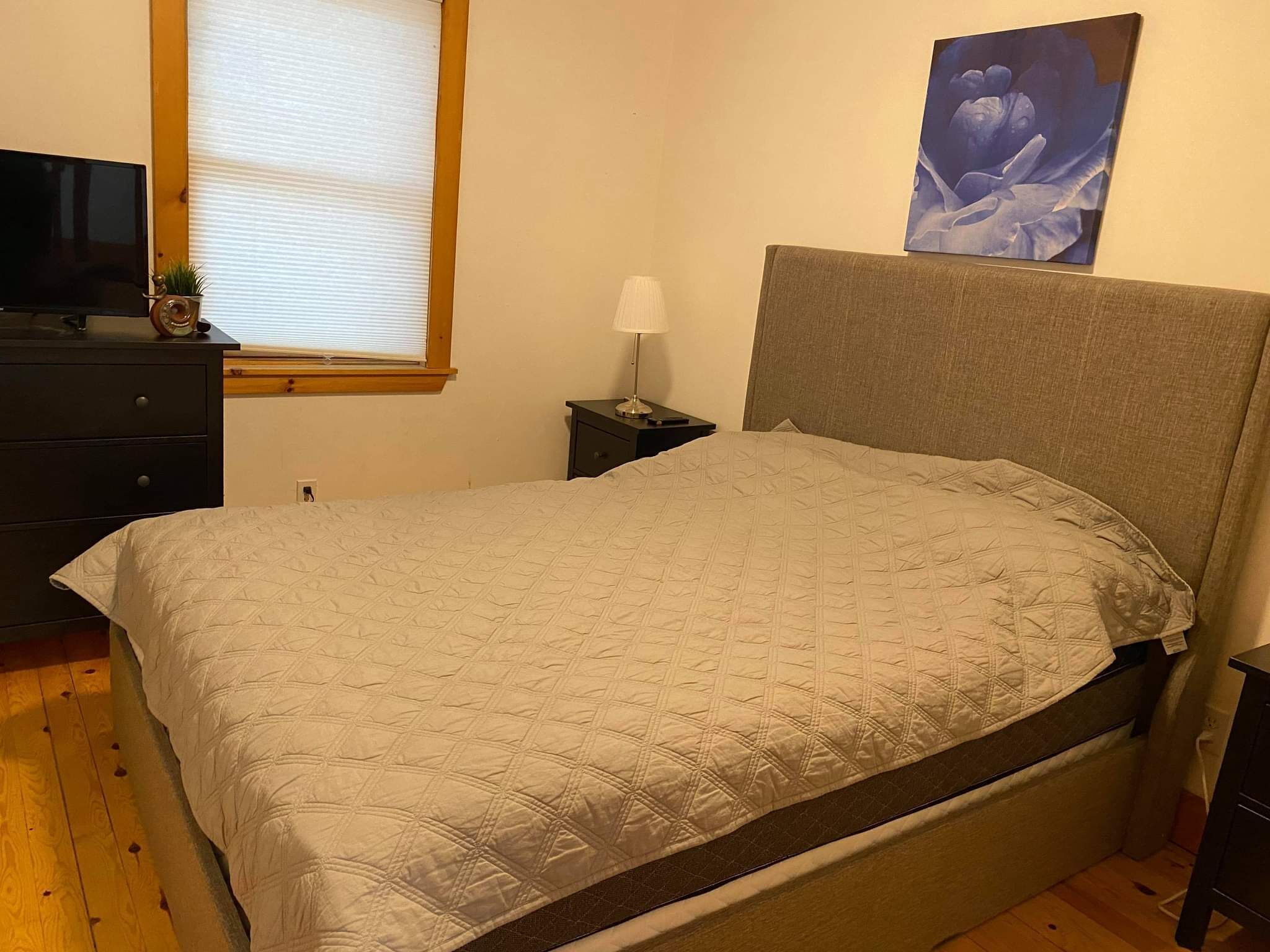 A bedroom with a bed, a dresser, a nightstand, a lamp, a window with blinds, and a painting on the wall.