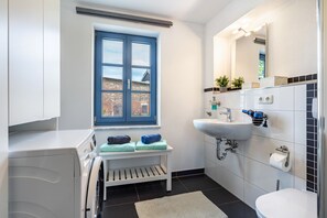 Shower, hair dryer, towels