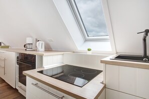 A modern kitchen with a skylight, built-in oven, and a black induction cooktop. - Apartment 'Kornkammer' with Lake View, Private Garden and Wi-Fi (Usedom)