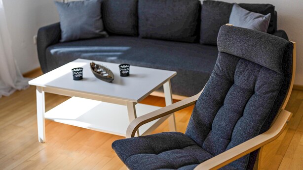 A modern living room with a grey sofa, a white coffee table, and a grey armchair. - Studio Apartment 'Ferienwohnung Lehen - Herr 1' with Shared Garden and Wi-Fi (Freiburg im Breisgau)