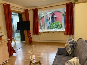 Télévision, cheminée, chaîne hi-fi