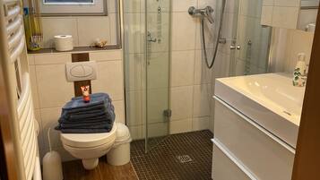 Dusche, kostenlose Toilettenartikel, Haartrockner, Handtücher