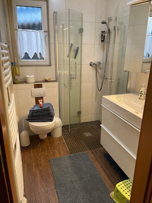 Dusche, kostenlose Toilettenartikel, Haartrockner, Handtücher