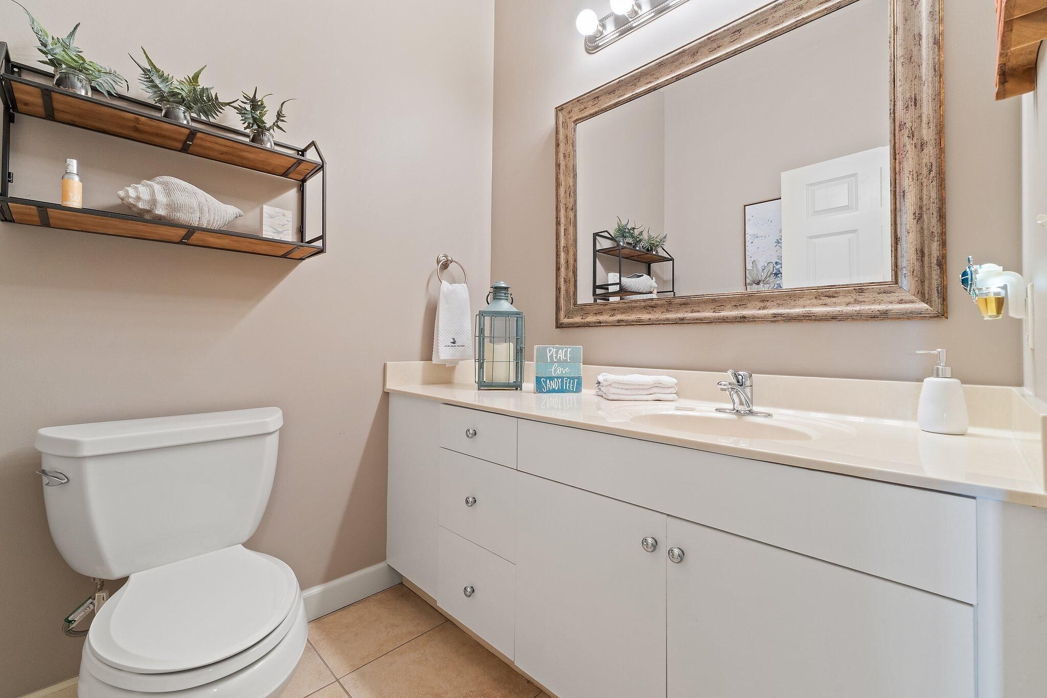 A bathroom with a white toilet, a vanity with a mirror, and a shelf with plants and toiletries.
