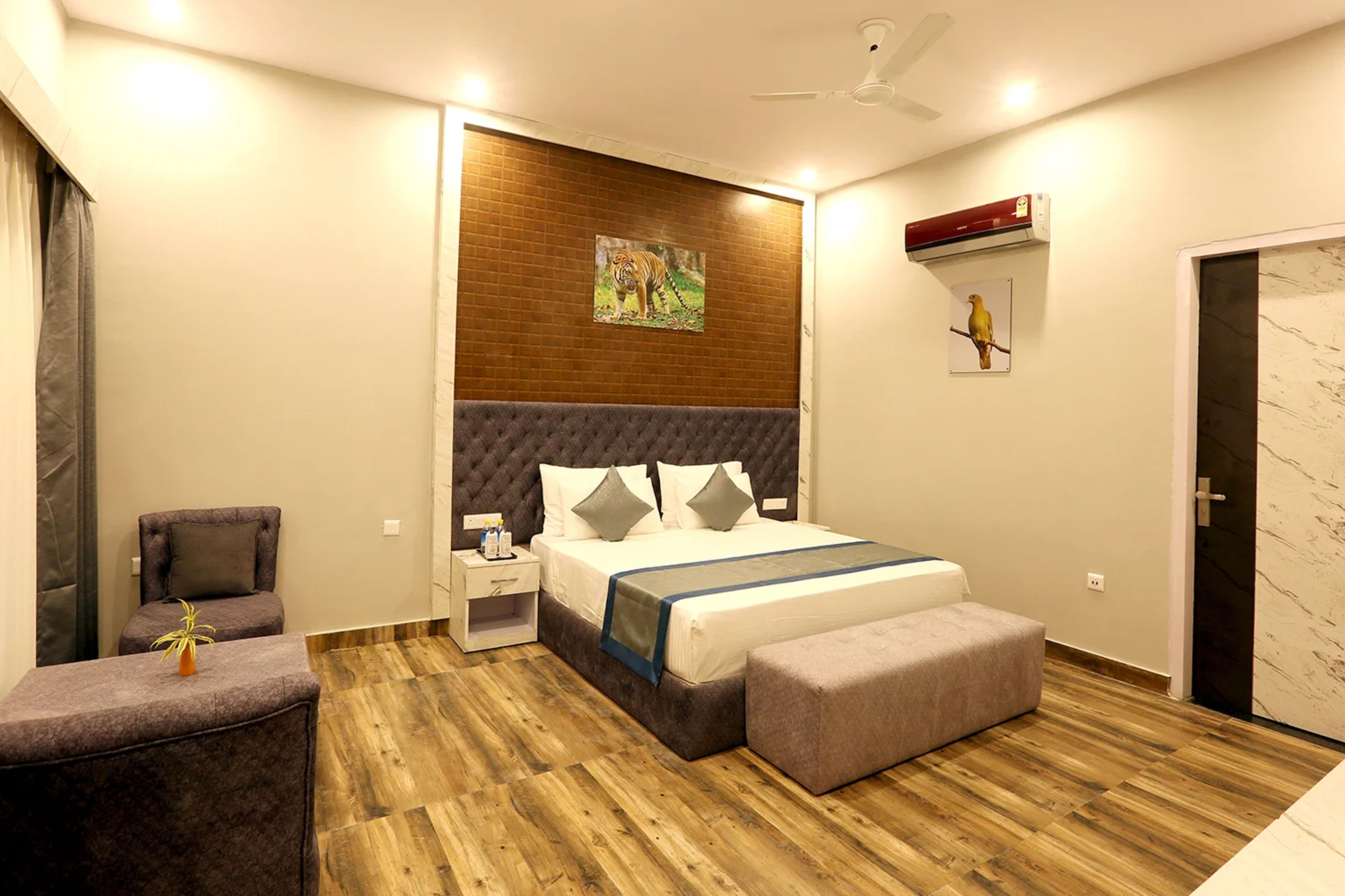 A modern bedroom with a large bed, a bedside table, a chair, and a small table with a plant.