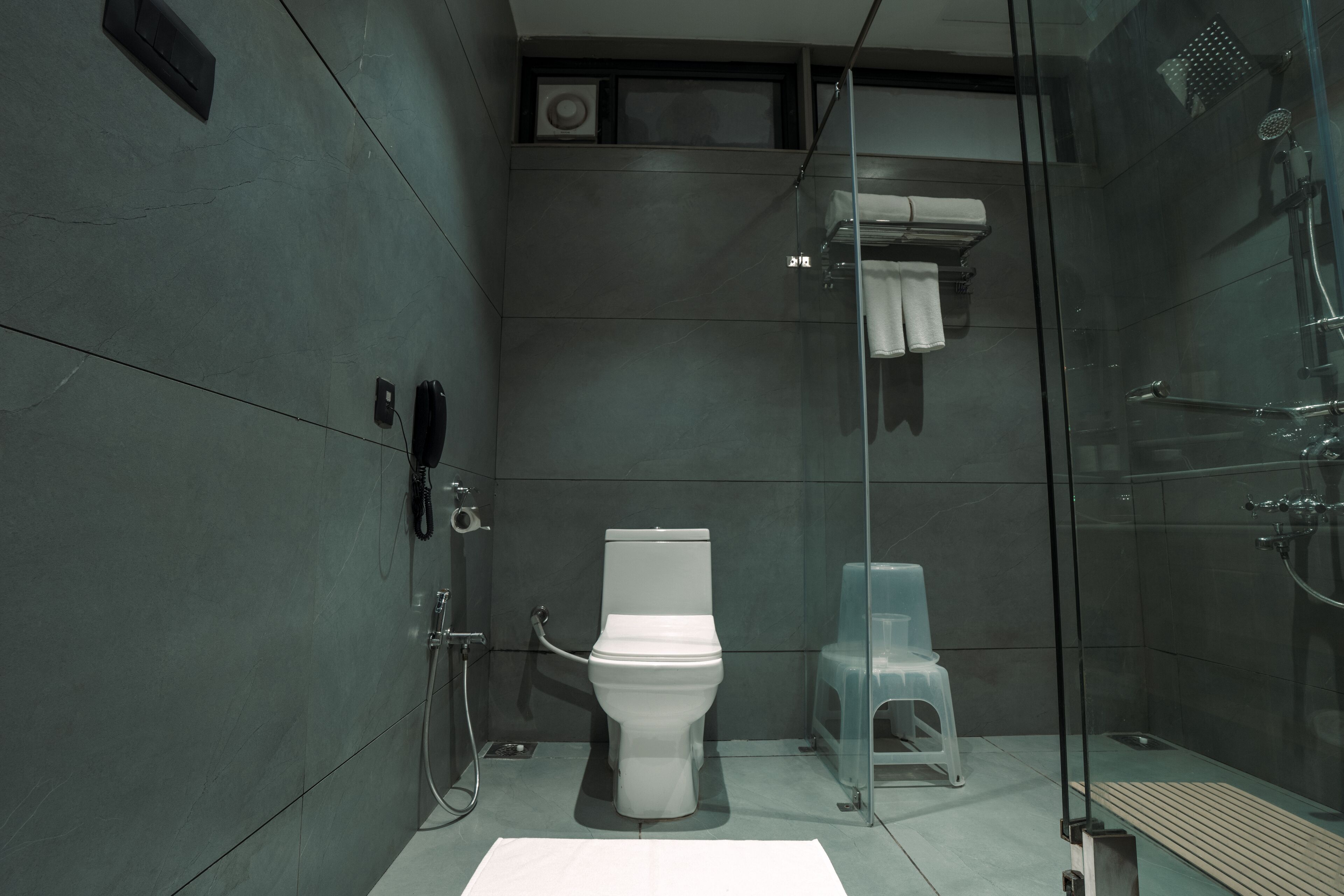 A modern bathroom with a glass-enclosed shower, a toilet, and a small stool.