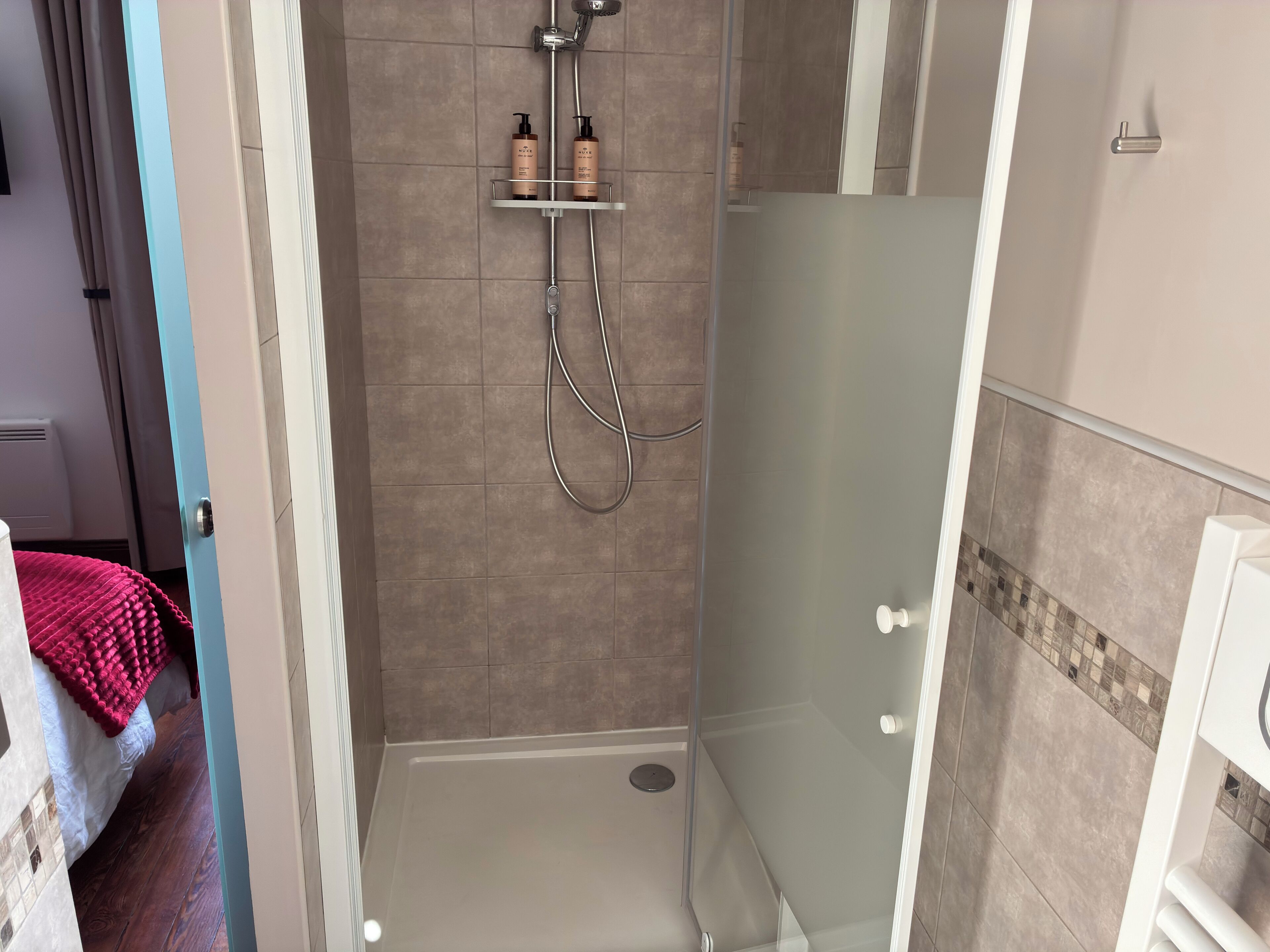 A shower area with a glass door, a showerhead, and two bottles on a shelf.