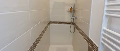 Een inloopdouche met een handdouche, nog een handdouche, en een klein plankje met een zeepdispenser.