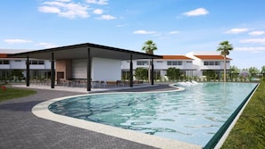 A modern hotel with a swimming pool, covered seating area, and palm trees. - New Villa 207 Deluxe , Golf Club, Punta Cala (Nuevo Nayarit)