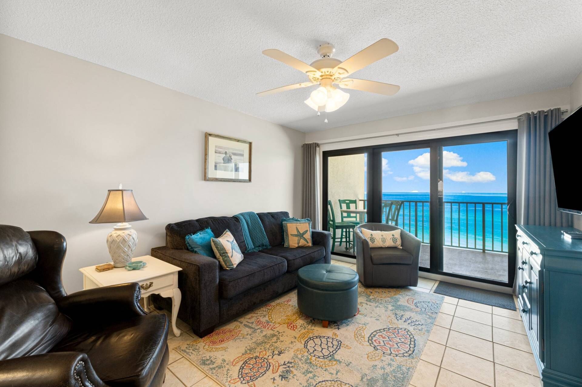 Gulf view condo in a gated resort with kiddie pool, beach access, and basketball court