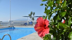 A swimming pool with a white fence, a clear blue sky, and palm trees in the background. - CLEAR HORIZON (Zakynthos)
